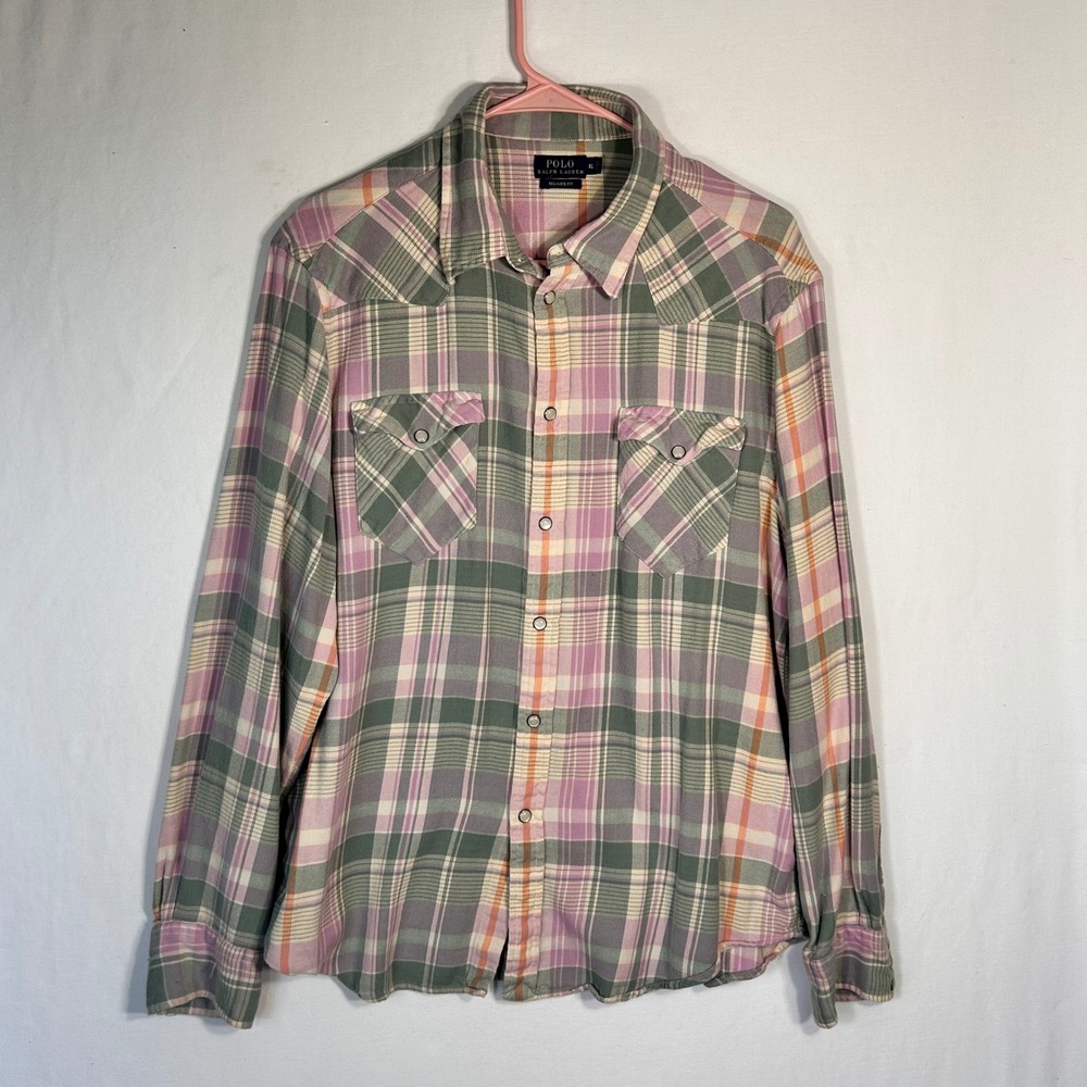 Polo Ralph Lauren Womens XL Relaxed Fit Western Plaid Snap Button Shirt Purple